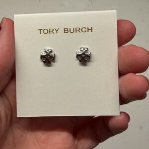 Tory Burch Polished Silver Logo Stud Earrings
